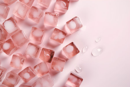 Ice cubes with water drops on pink background. Top view, flat layの素材