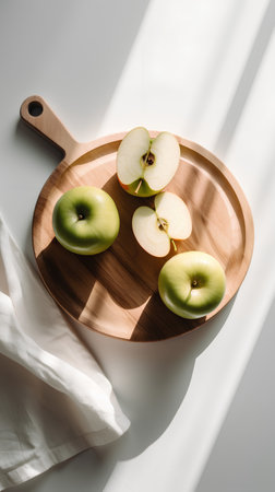 top view of fresh green apples on wooden cutting board on white backgroundの素材