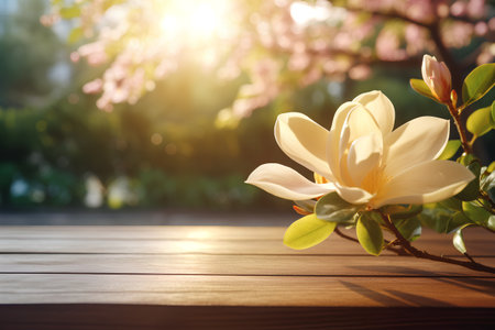 Beautiful magnolia flower on wooden table in front of blurred backgroundの素材