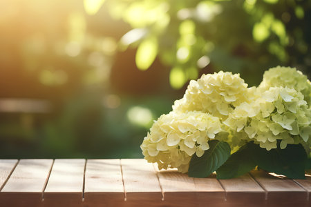 White hydrangea flowers on wooden table in garden, stock photoの素材