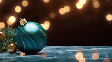 Christmas composition with blue bauble on bokeh background. 3D renderingの素材