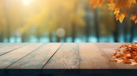 Wooden table with autumn leaves in city park. Fall background.の素材