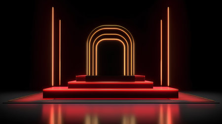 Podium illuminated with neon light. Award ceremony concept. 3D renderの素材