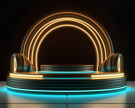 Abstract round podium illuminated with neon lights. 3d render illustration.の素材