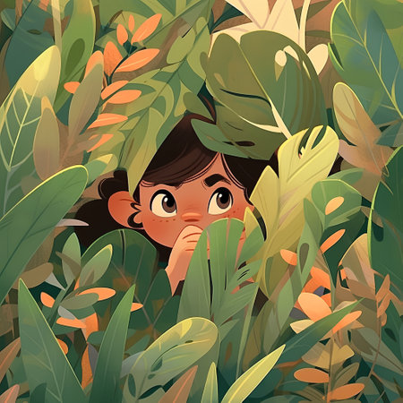 Beautiful little girl hiding behind the leaves in the jungle. Vector illustration.の素材