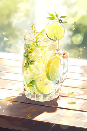 Cocktail with lime and mint on a wooden table. Vector illustrationの素材