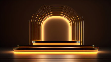 Abstract round podium illuminated with golden lights. Award ceremony concept. Stage backdrop. Vector illustrationの素材