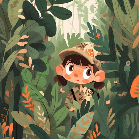 Cute cartoon girl in jungle. Vector illustration. Jungle background.の素材