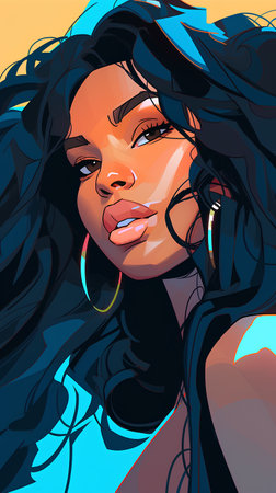 Beautiful girl with long black hair. Vector illustration in pop art style.の素材