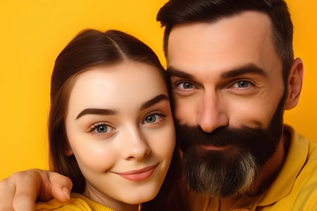 Portrait of a beautiful young couple in love over yellow background.の素材