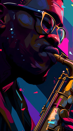 Digital illustration of a man with a saxophone in his hand.の素材
