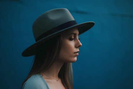 Portrait of a beautiful girl in a hat on a blue backgroundの素材