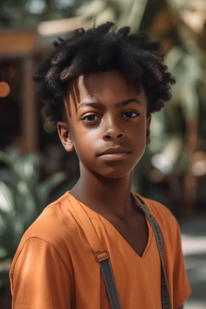 beautiful african american girl in orange shirt looking at cameraの素材