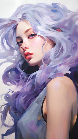 Beautiful girl with blue hair. Digital painting in watercolor style.の素材