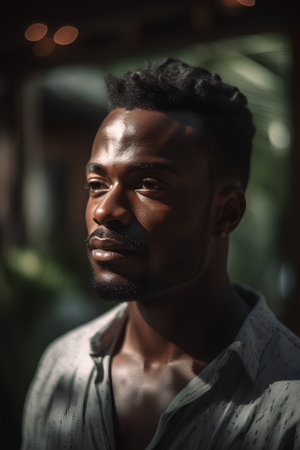 Portrait of a handsome young African man in a cafe. Men's beauty, fashion.の素材