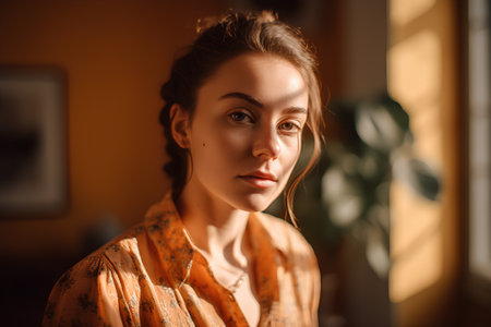 portrait of a beautiful young woman in an orange blouse.の素材
