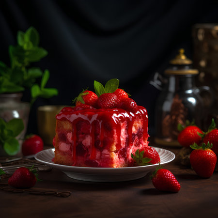 Strawberry cake with fresh berries on a wooden background. Selective focus.の素材