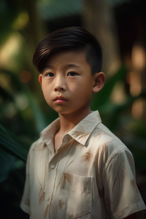 Portrait of a young Asian boy in the garden. Selective focus.の素材