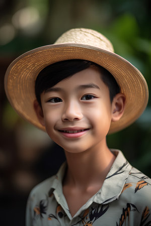 Portrait of a smiling asian boy wearing a straw hat in the gardenの素材