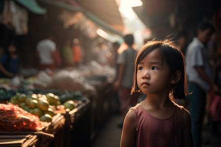 Little asian girl in the market, Thailand. Vintage tone.の素材