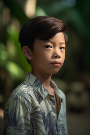 Portrait of a boy in a blue shirt on a background of green leavesの素材