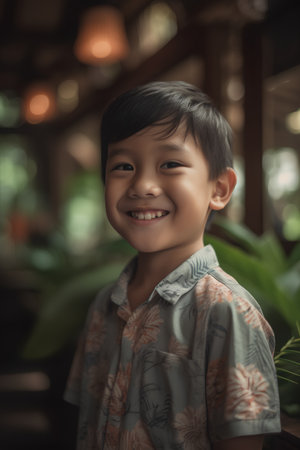 Portrait of asian little boy smiling in cafe, stock photoの素材