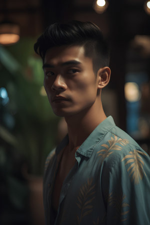 Portrait of handsome asian man looking at camera while standing in cafeの素材