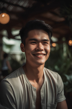 Portrait of young Asian man smiling and looking at camera in cafeの素材