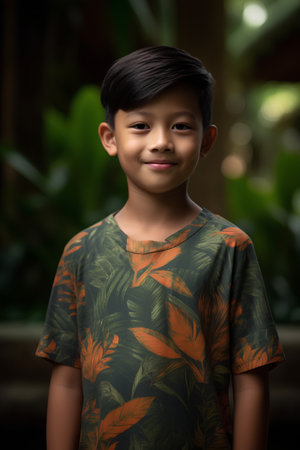Portrait of a cute asian little boy wearing a colorful shirtの素材