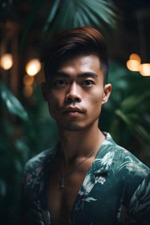 Portrait of young handsome asian man in a tropical garden.の素材