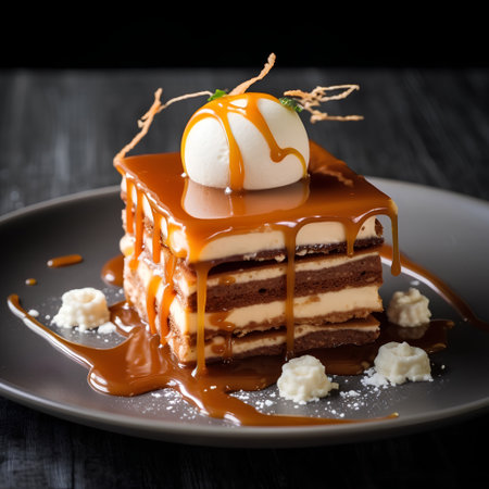 Tiramisu cake with ice cream and caramel sauce, squareの素材