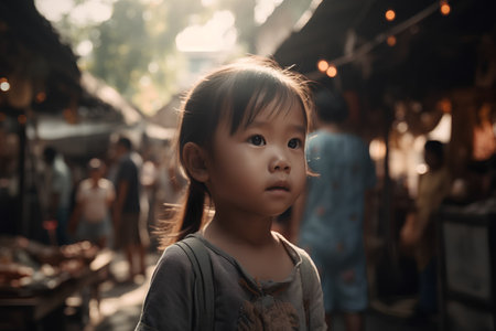Asian little girl in the street market, Thailand. Vintage tone.の素材