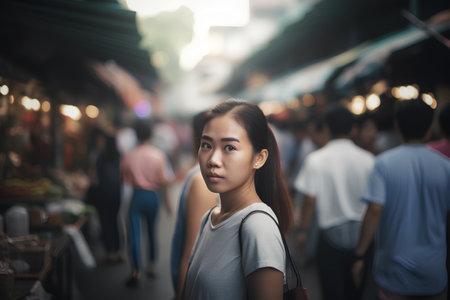 Woman walking in the street in Bangkok, Thailand. Blurred backgroundの素材