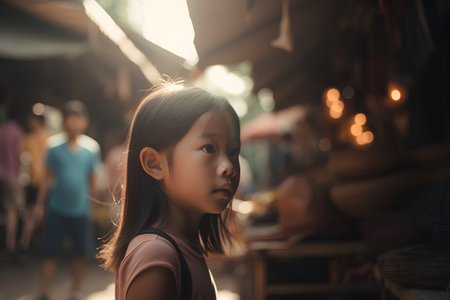 Little Asian girl in the street market. Selective focus. Vintage tone.の素材