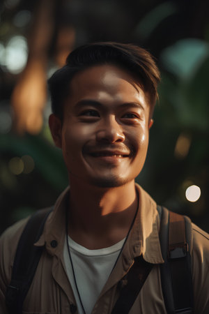 Portrait of a smiling asian man with backpack in the park.の素材