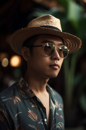 Portrait of handsome Asian man in hat and sunglasses looking away.の素材