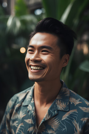 Portrait of a handsome young asian man laughing and looking at cameraの素材