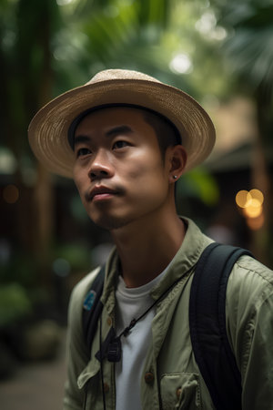 Portrait of a young asian man wearing a hat and backpackの素材
