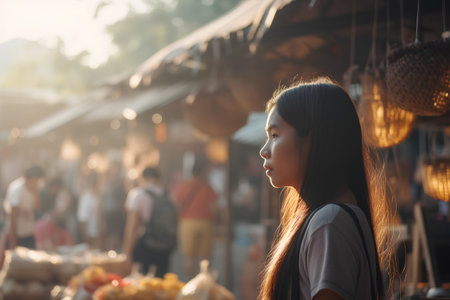 Young Asian woman looking at street food in Chiang Mai, Thailand.の素材