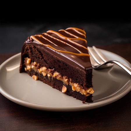 Chocolate cake with caramel and nuts on a dark background. Selective focus.の素材