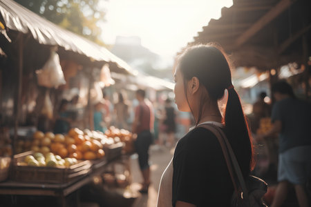 Young woman shopping at the street food market in Bangkok, Thailand.の素材