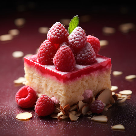 Piece of cheesecake with raspberries and almonds on red backgroundの素材