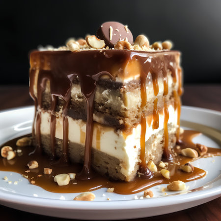 Tiramisu cake with caramel and nuts on a wooden tableの素材