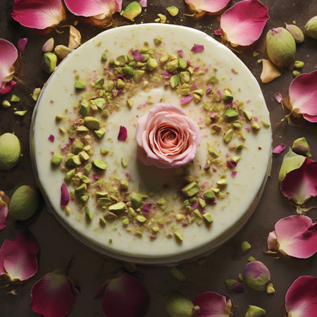top view of tasty cake with pink rose and petals on brown backgroundの素材