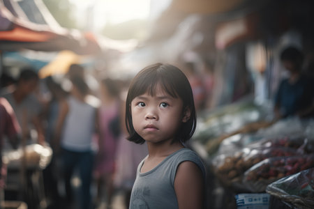 Little asian girl shopping at local market in Bangkok, Thailand.の素材