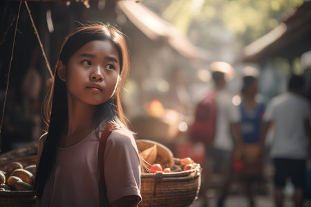 Asian girl selling fruits and vegetables at street market in Bangkok, Thailandの素材
