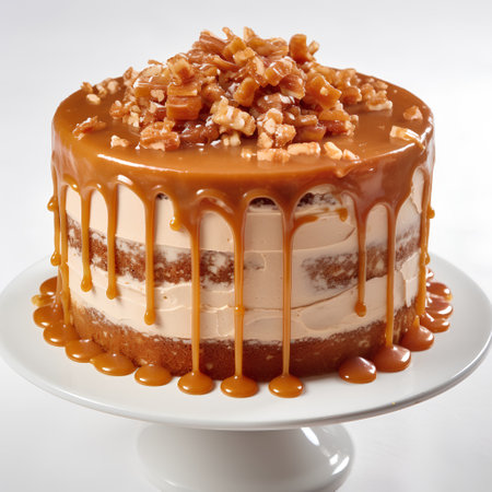 Caramel cake with caramel sauce and nuts on a white background.の素材