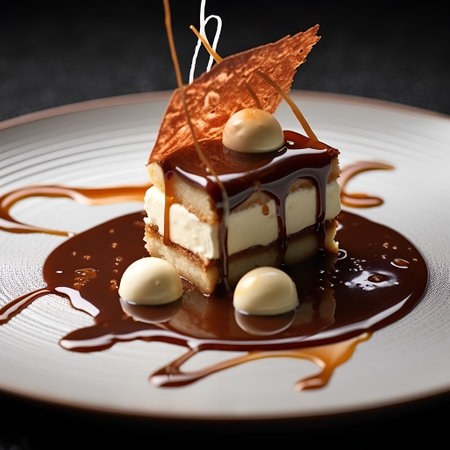 Tiramisu cake with chocolate sauce and caramel on black backgroundの素材