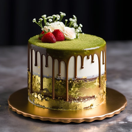 Green tea cake decorated with strawberries and flowers on a dark background.の素材