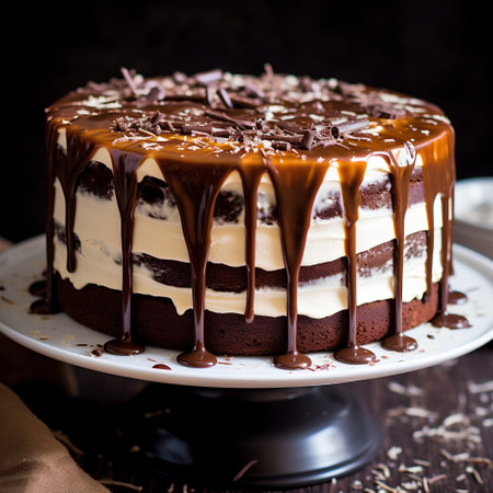 Chocolate cake with cream and chocolate glaze on a dark backgroundの素材